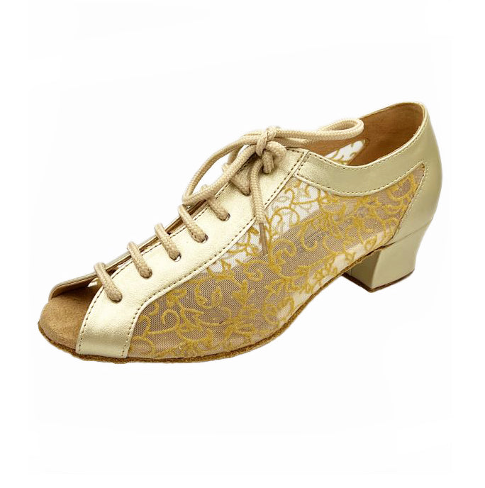 Go Go Dance Shoes, 4054, Gold Leather/Mesh, 1.5” Cuban Heel
