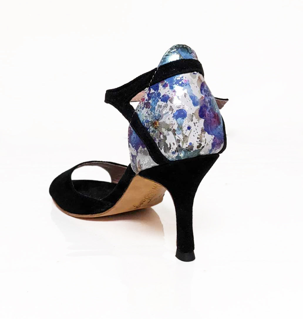 Mr. Tango Shoes, Tanguera, Black Suede/Blue Floral Print, 2.75" Narrow Copa Heel
