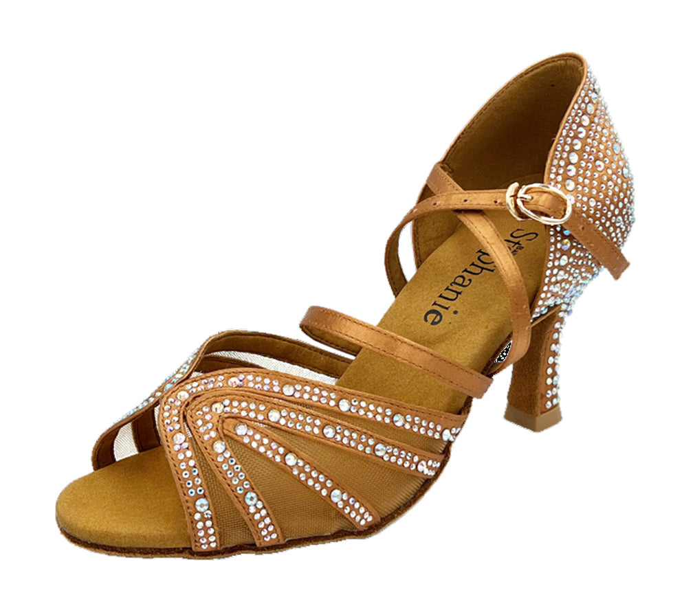 Stephanie Dance Shoes, 2112-45, Dark Tan Satin/Mesh/Rhinestones, 2.5” Flared Heel