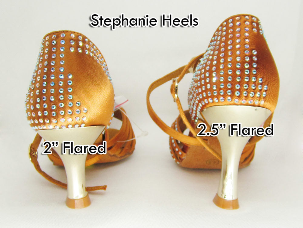 Stephanie Dance Shoes, 2056-45, Dark Tan Satin-Rhinestones, 2” & 2.5” –  Ballroom Connection